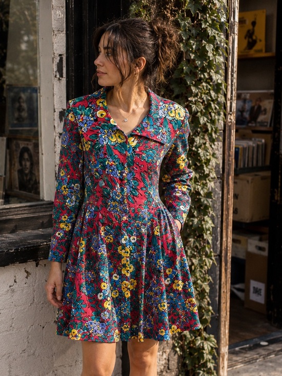 Vintage Dresses & Skirts - Vintage 80s/90s Mariposa Floral Rayon Mini Dress Square Sailor Collar M/13